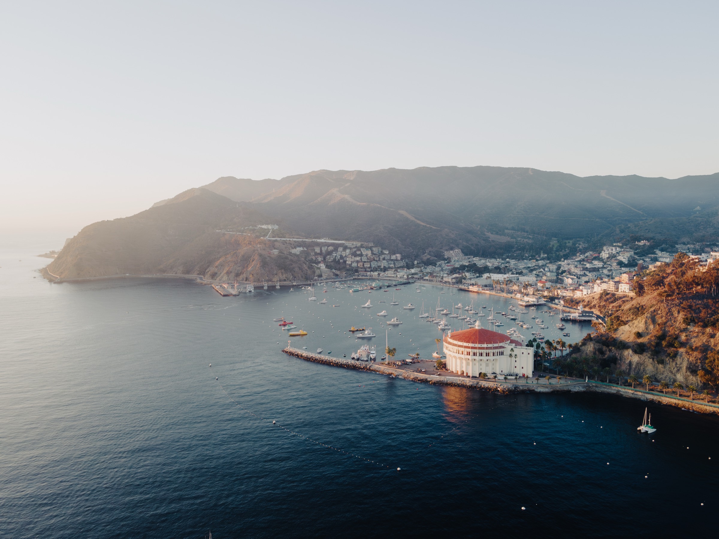 Aerial view of Avalon harbour, Catalina Island at sunrise